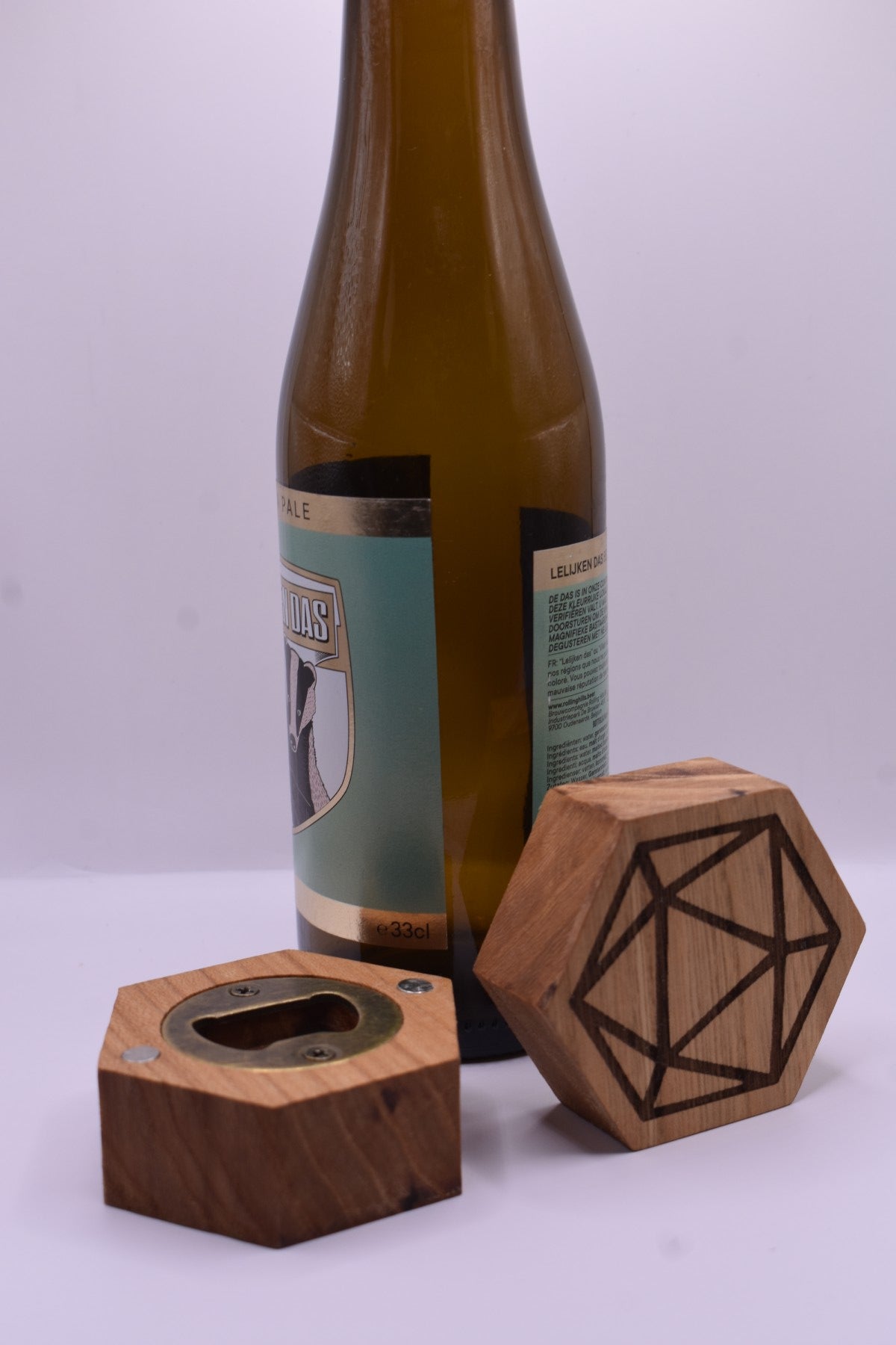 Hexa D20 flesopener in massief iep